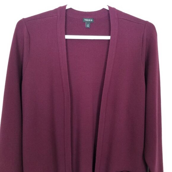 Torrid Women's Plus Open Front Longline Sweater Cardigan Sz 4X Burgundy Purple - Picture 2 of 7